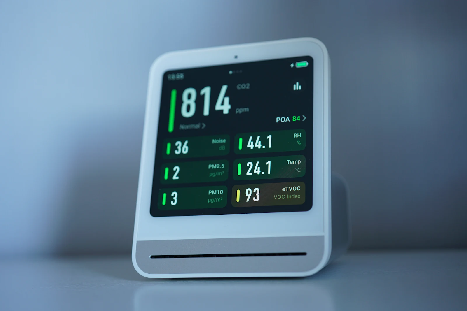 An air-quality monitor showing live pollutant readings